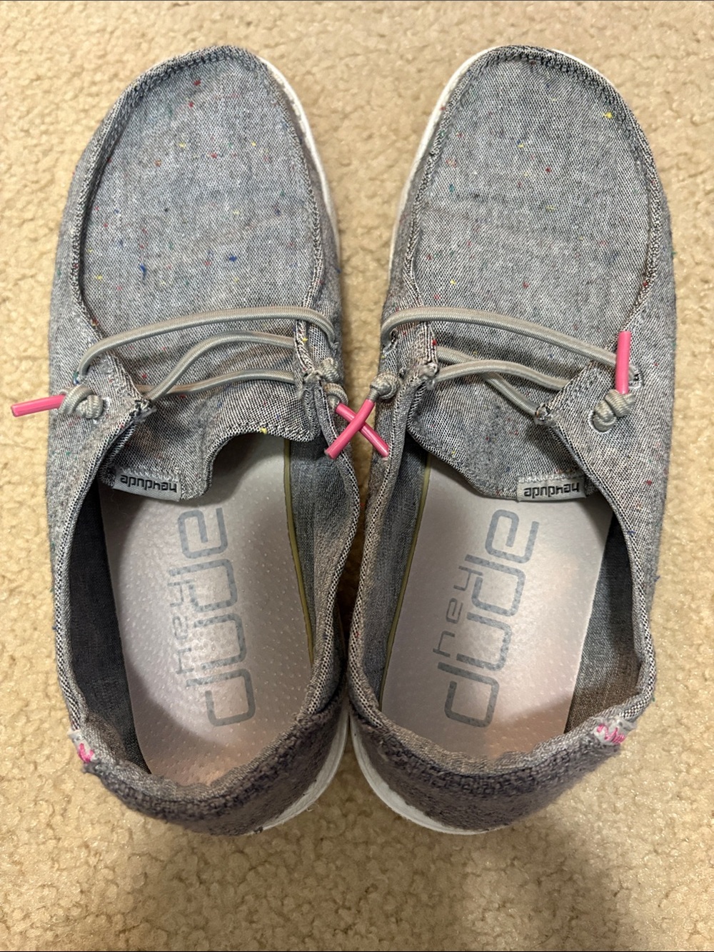 Hey Dude Women's Gray Canvas Slip-On Shoes with Pink Accents